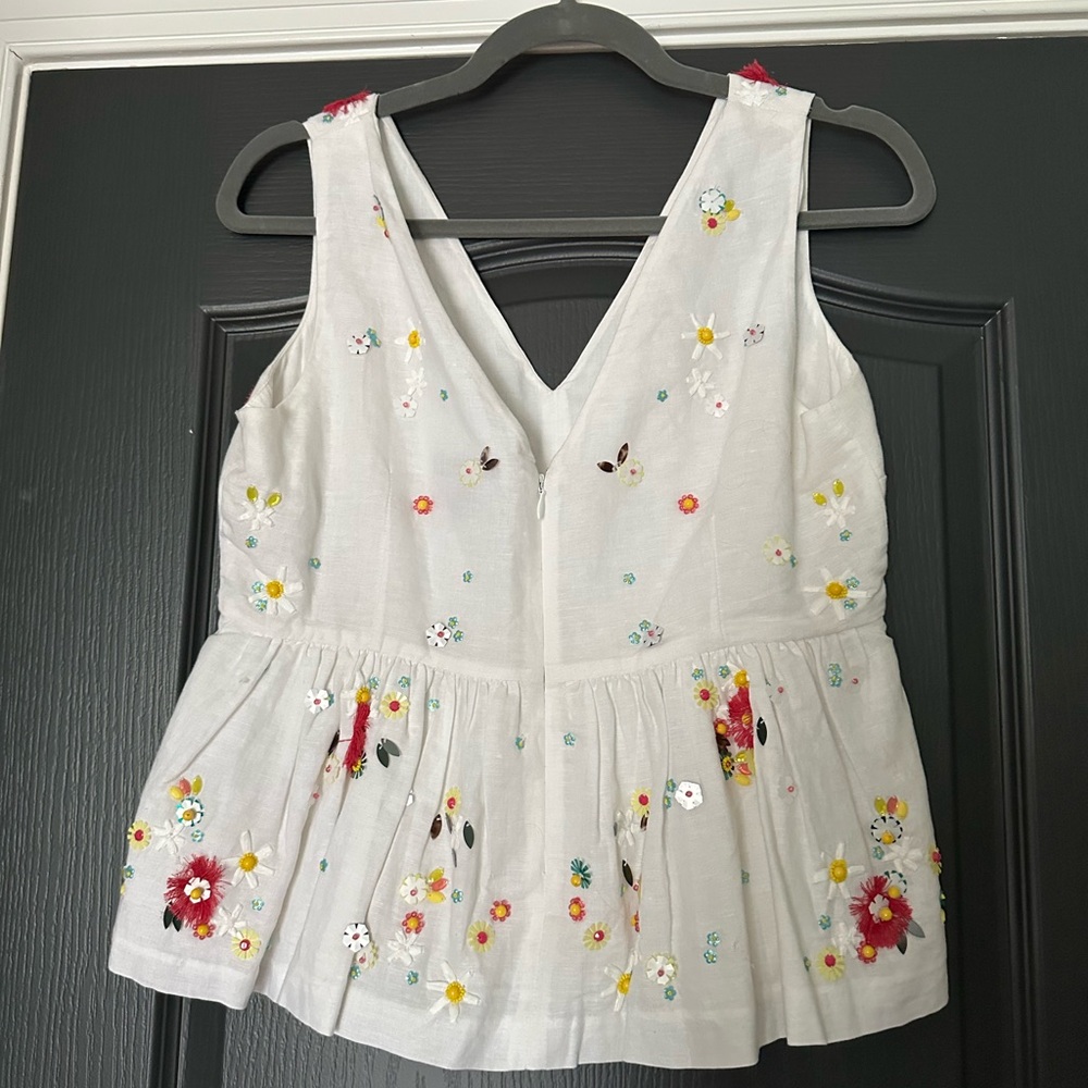 JCrew Floral Embellished White Sleeveless Linen-Cotton Peplum Top - Picture 2 of 5